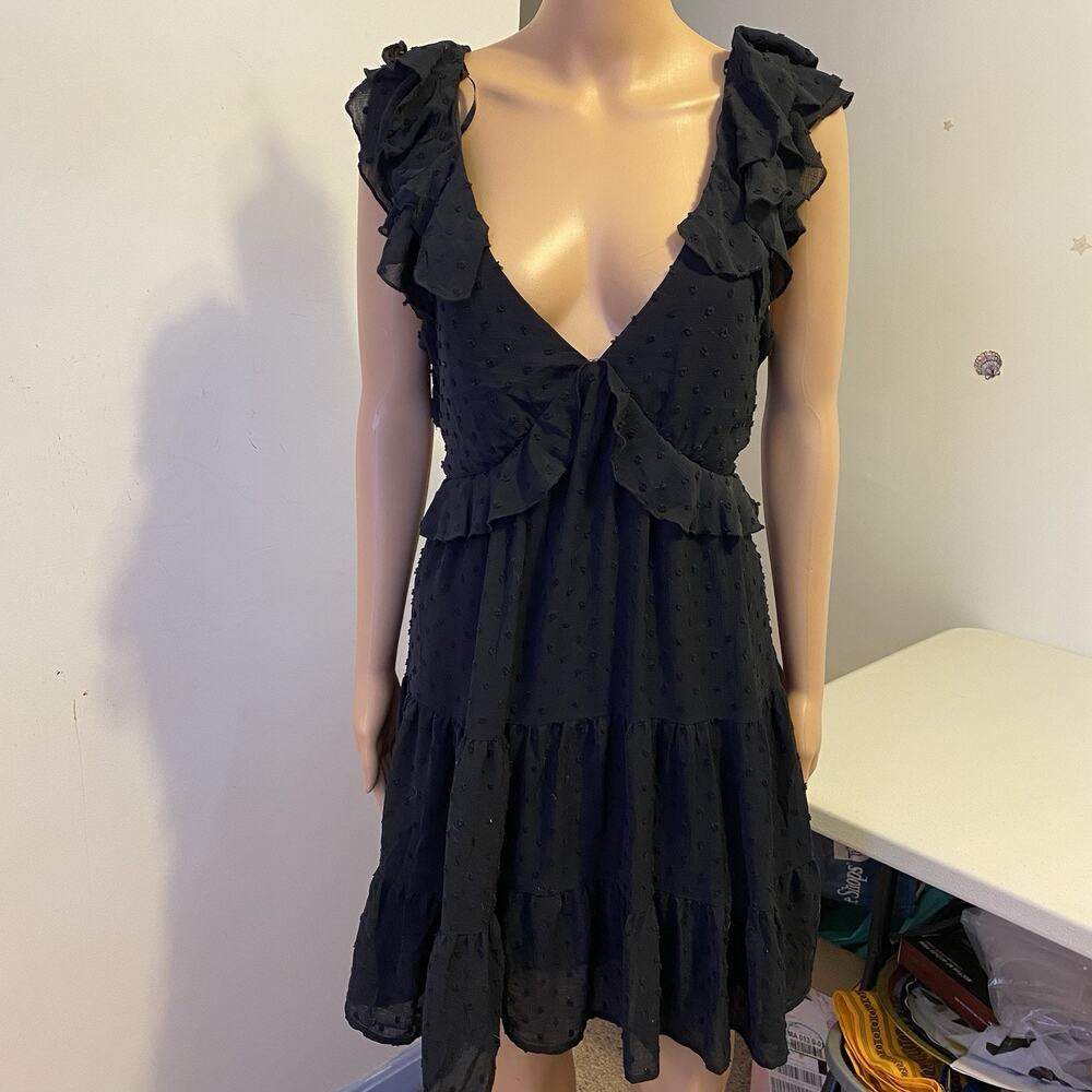 Trixxi Babydoll Mini Dress XL Black Ruffle Hem Smocked CutOut Back Dark Romantic - Picture 5 of 9